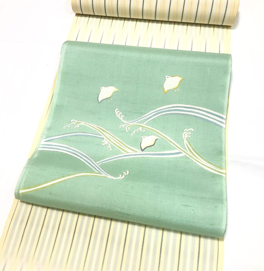 明石縮と染九寸帯「波に千鳥」